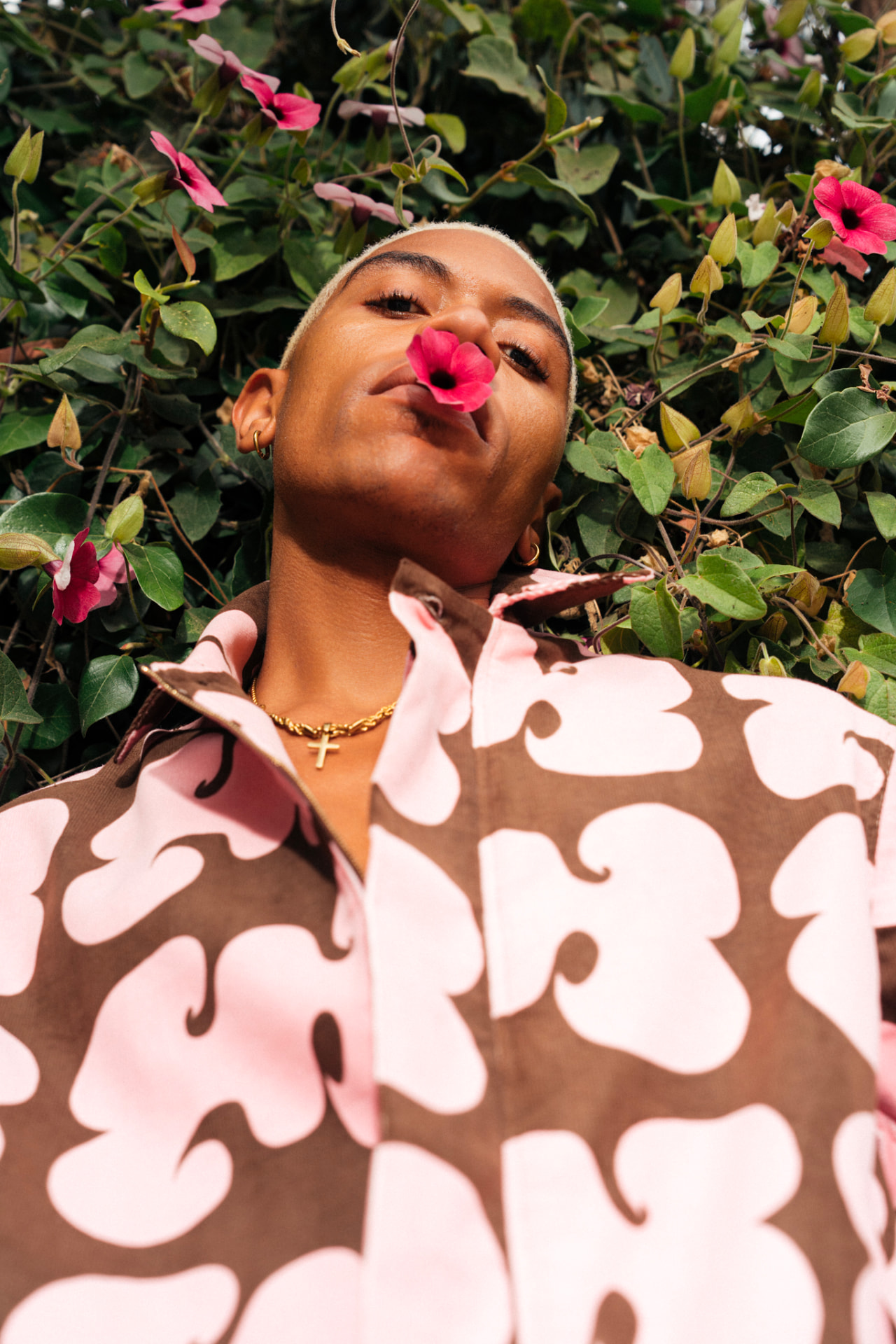 Pink and brown printed corduroy shirt in the Luxe Sojourn campaign